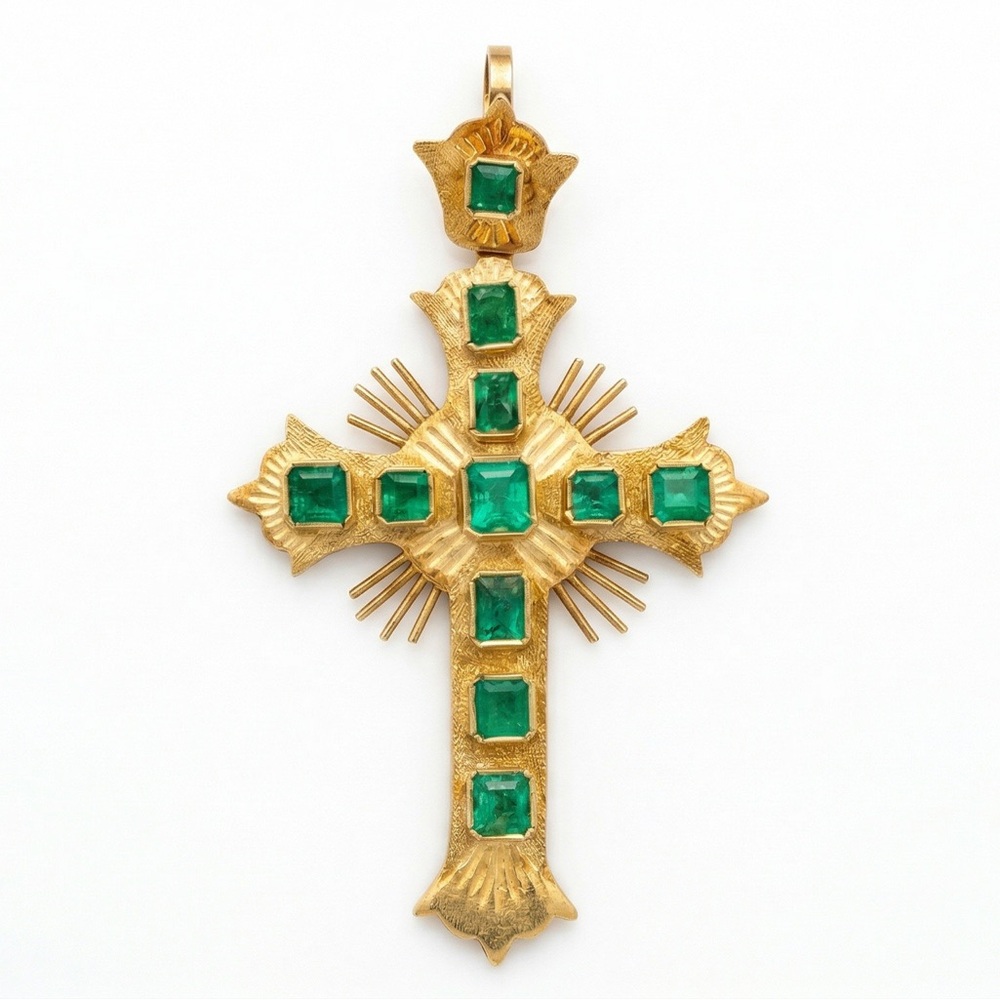 Vintage Colombian Emerald Cross Pendant in 18K Gold